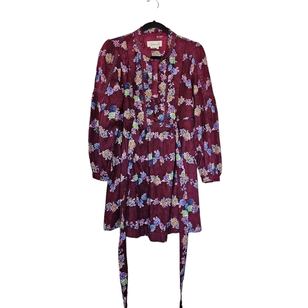 By Anthropology Mini tunic dress purple floral fit flare long sleeves size XS - Picture 2 of 11
